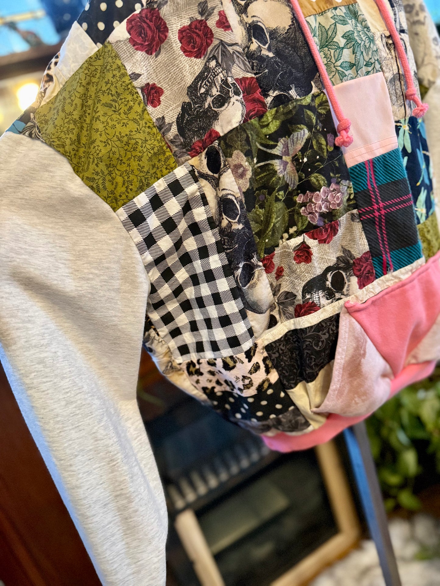 Unique Hooded Upcycled Sweatshirt Pocket Boho Streetwear Hoodie Patchwork Sweatshirt Upcycled, Thrifted Clothing for Women - Mel
