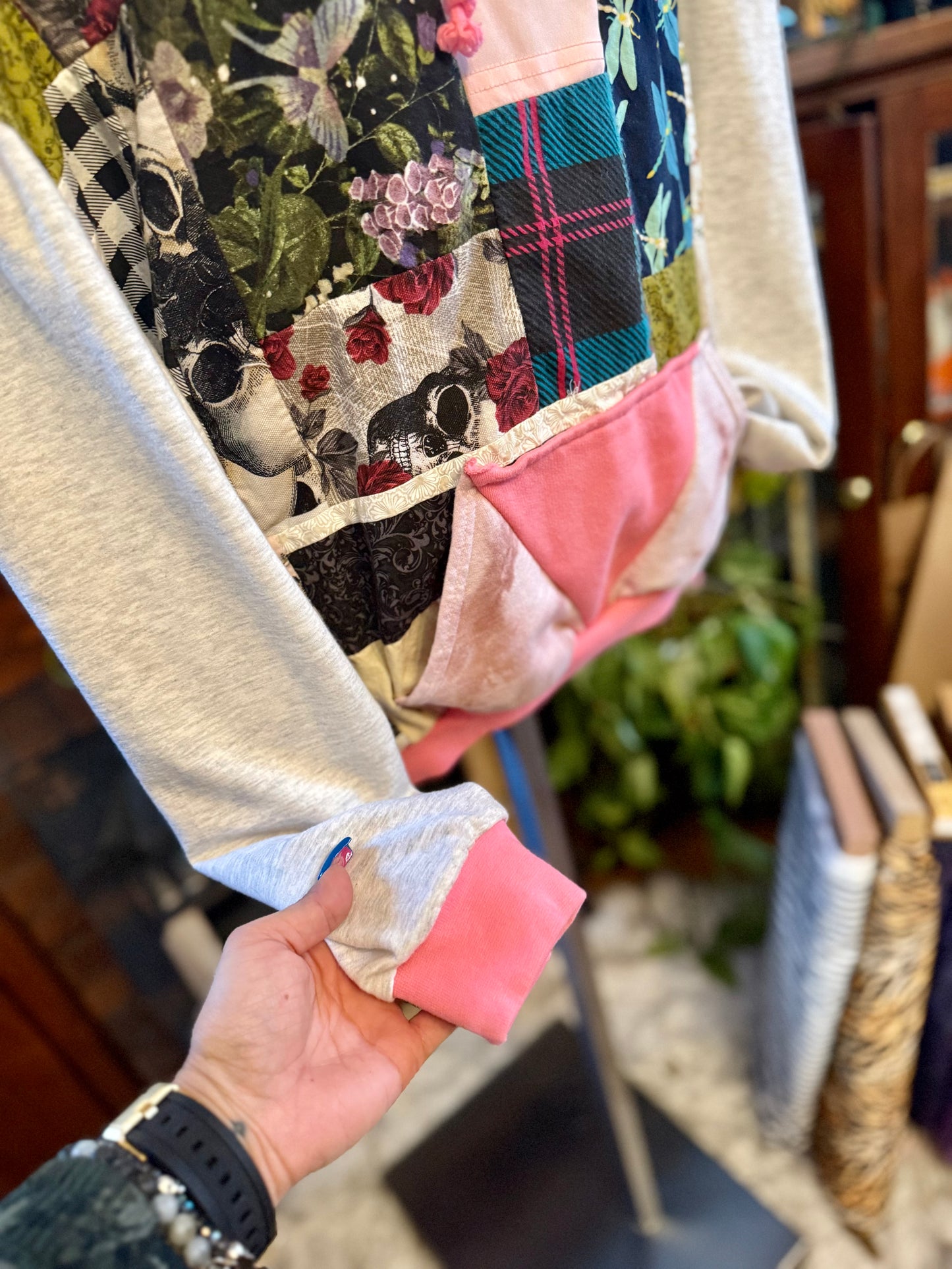 Unique Hooded Upcycled Sweatshirt Pocket Boho Streetwear Hoodie Patchwork Sweatshirt Upcycled, Thrifted Clothing for Women - Mel