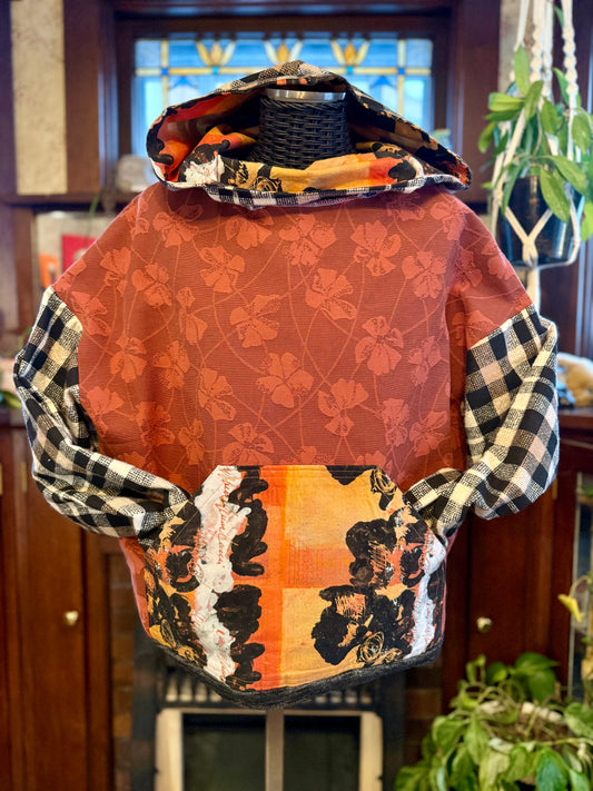 Unique Hooded Upcycled Long sleeve Pocket Boho Streetwear Hoodie Patchwork Flannel Upcycled, Thrifted Clothing for Women - Ruth