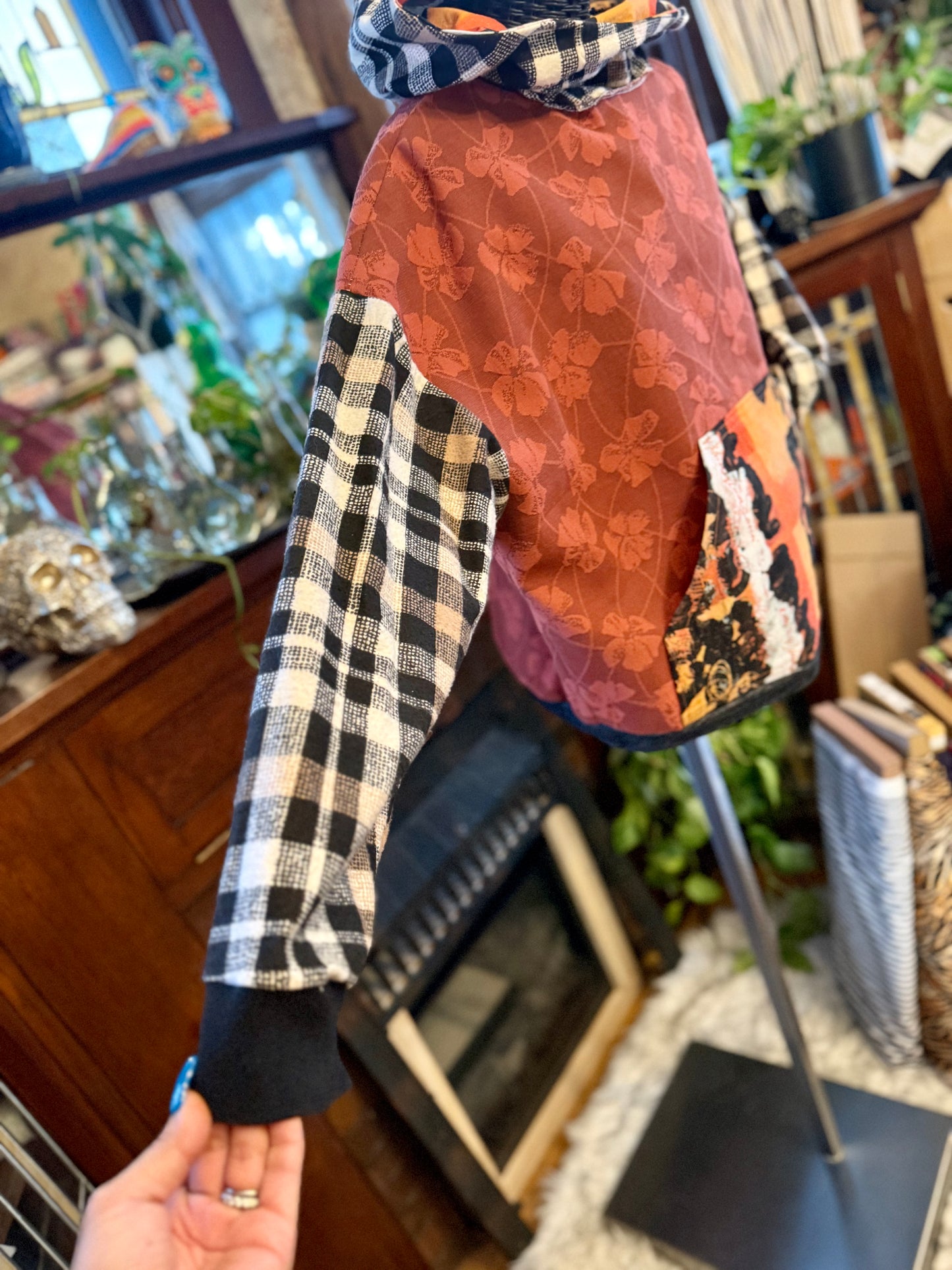 Unique Hooded Upcycled Long sleeve Pocket Boho Streetwear Hoodie Patchwork Flannel Upcycled, Thrifted Clothing for Women - Ruth