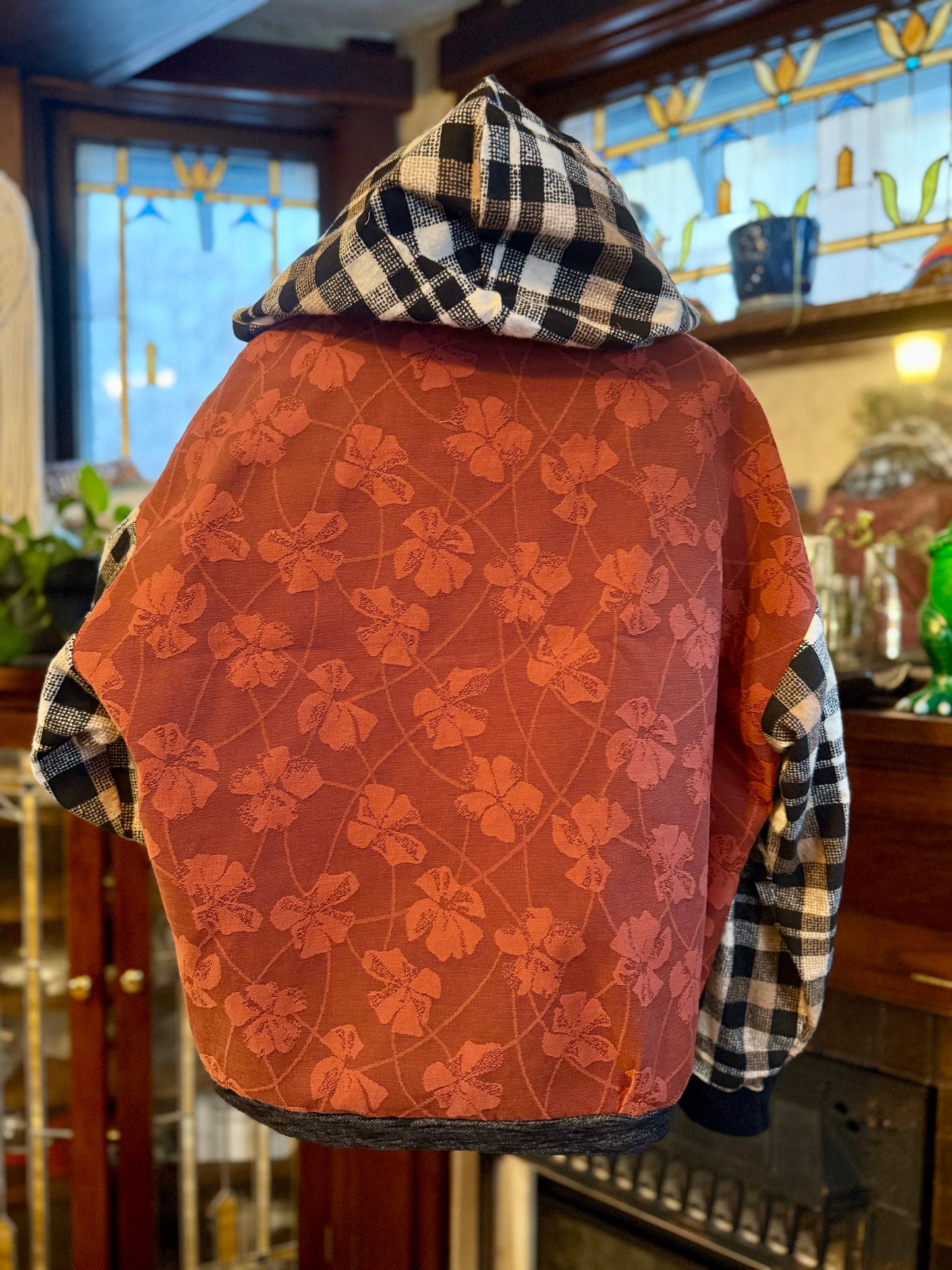 Unique Hooded Upcycled Long sleeve Pocket Boho Streetwear Hoodie Patchwork Flannel Upcycled, Thrifted Clothing for Women - Ruth