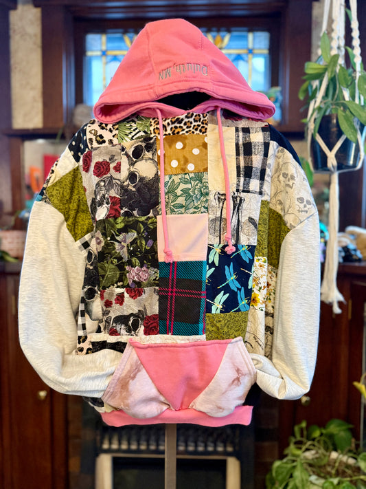 Unique Hooded Upcycled Sweatshirt Pocket Boho Streetwear Hoodie Patchwork Sweatshirt Upcycled, Thrifted Clothing for Women - Mel