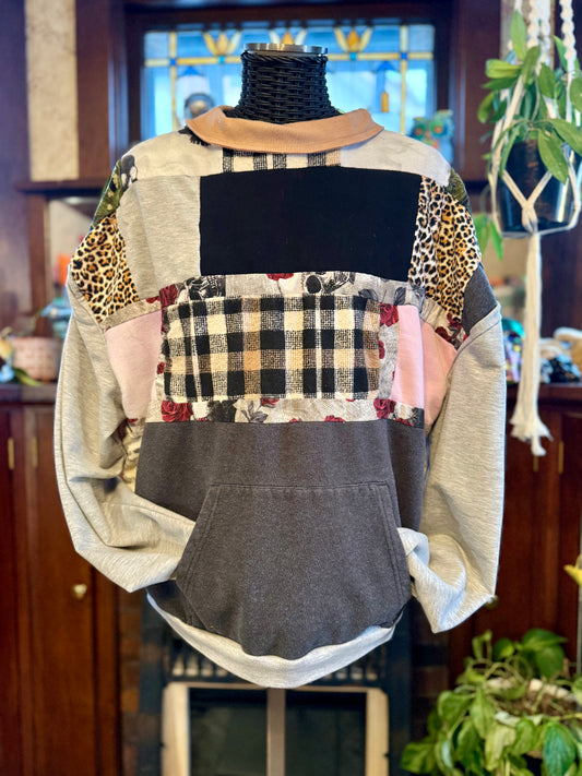 Unique Reverse Crewneck Upcycled Sweatshirt Pocket Boho Streetwear pullover Patchwork Sweatshirt Upcycled, Thrifted Clothing for Women - Beth
