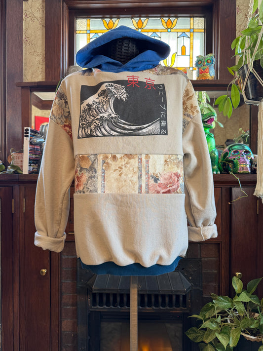 Unique Hooded Upcycled Sweatshirt Pocket Boho Streetwear Hoodie Patchwork Sweatshirt Upcycled, Thrifted Clothing for Women - Beth
