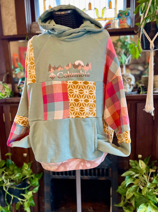 Unique, Quilted, Hooded Sweatshirt Pocket, Boho Patchwork, Upcycled, Thrifted Clothing for Women - Sara