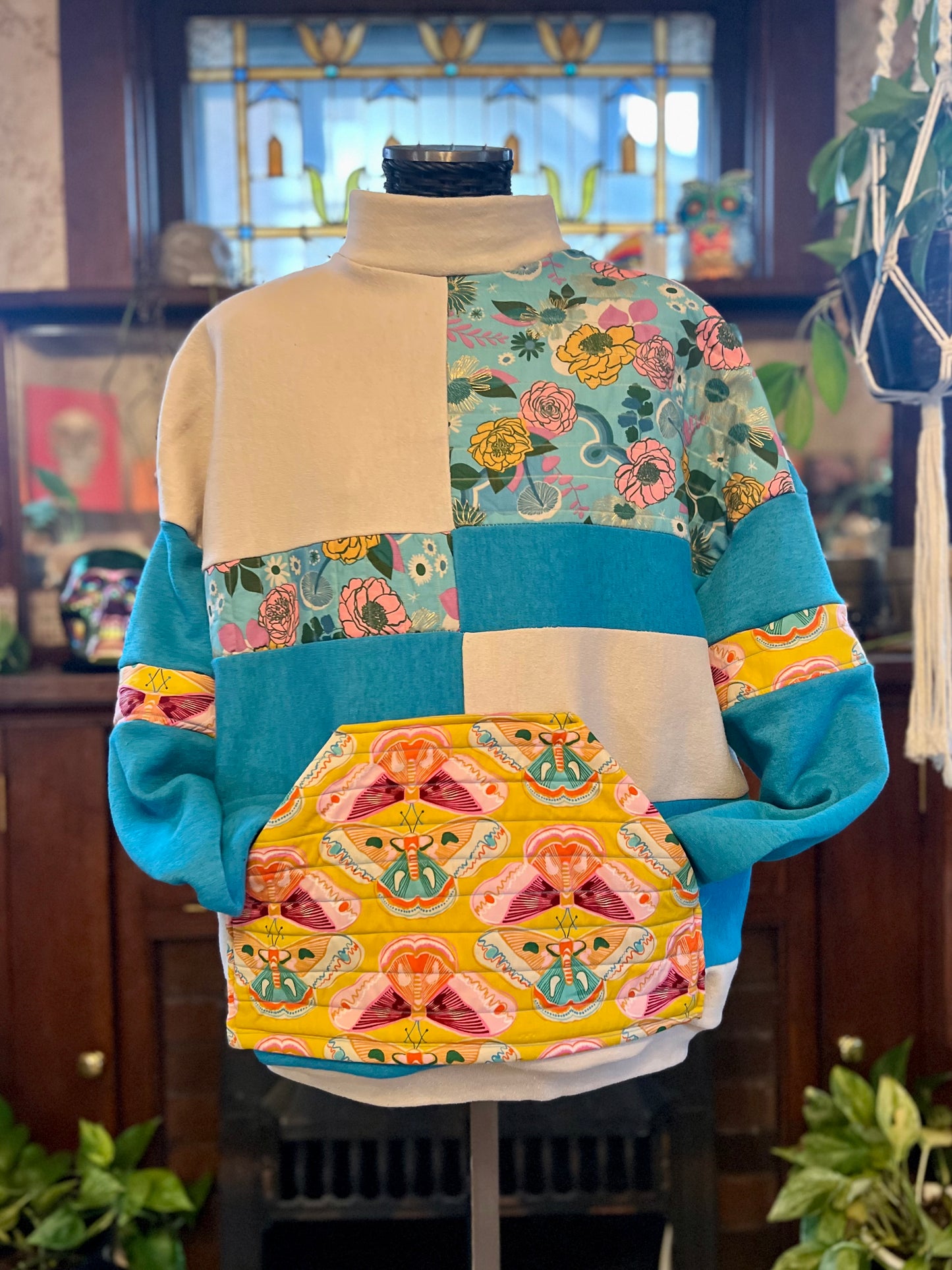 Unique, Quilted, Crewneck Sweatshirt Pocket, Boho Fleece-lined Patchwork, Upcycled, Thrifted Clothing for Women - Ezra