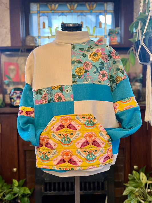 Unique, Quilted, Crewneck Sweatshirt Pocket, Boho Fleece-lined Patchwork, Upcycled, Thrifted Clothing for Women - Ezra
