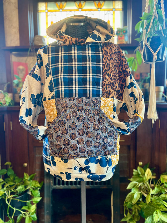Unique, Quilted, Sweatshirt Pocket, Hooded Fleece-lined Patchwork, Upcycled, Thrifted Clothing for Women - Willow