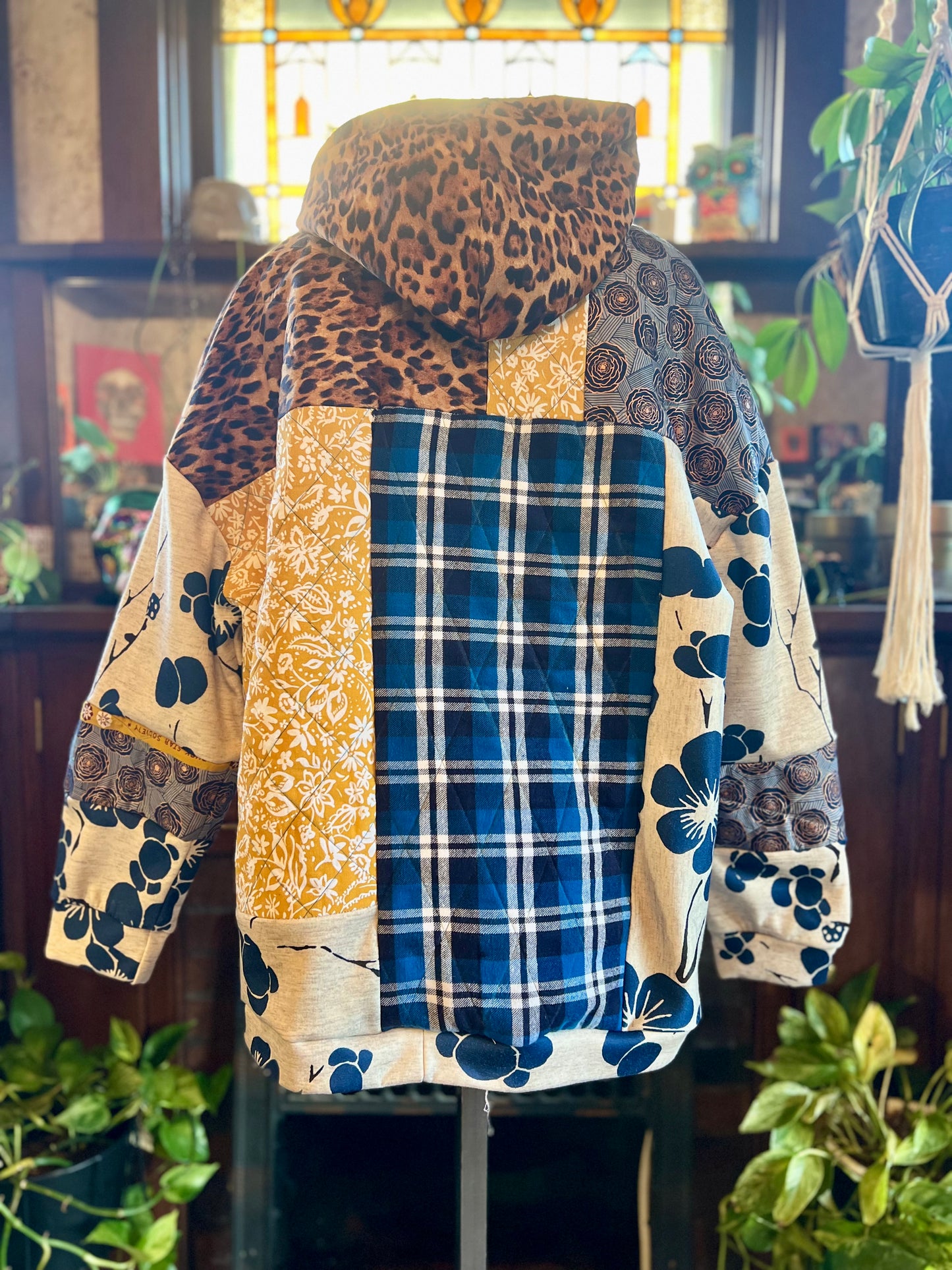 Unique, Quilted, Sweatshirt Pocket, Hooded Fleece-lined Patchwork, Upcycled, Thrifted Clothing for Women - Willow