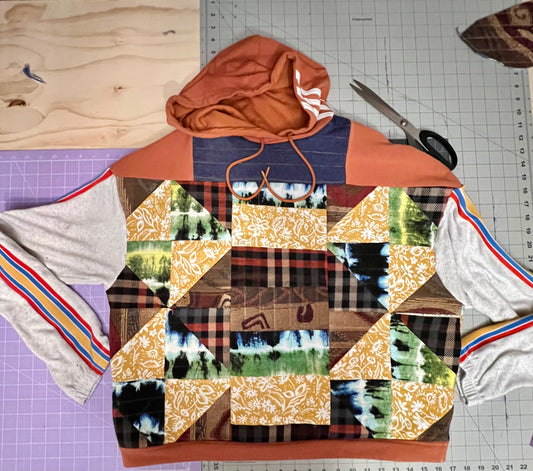 Unique, Quilted, Hooded Sweatshirt Pocket, Boho Fleece-lined Patchwork, Upcycled, Thrifted Clothing for Women - Sunshine