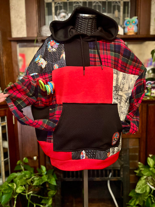 Unique Holiday Hooded Upcycled Sweatshirt Pocket Boho Streetwear Hoodie Patchwork Sweatshirt Upcycled, Thrifted Clothing for Women- Rachel