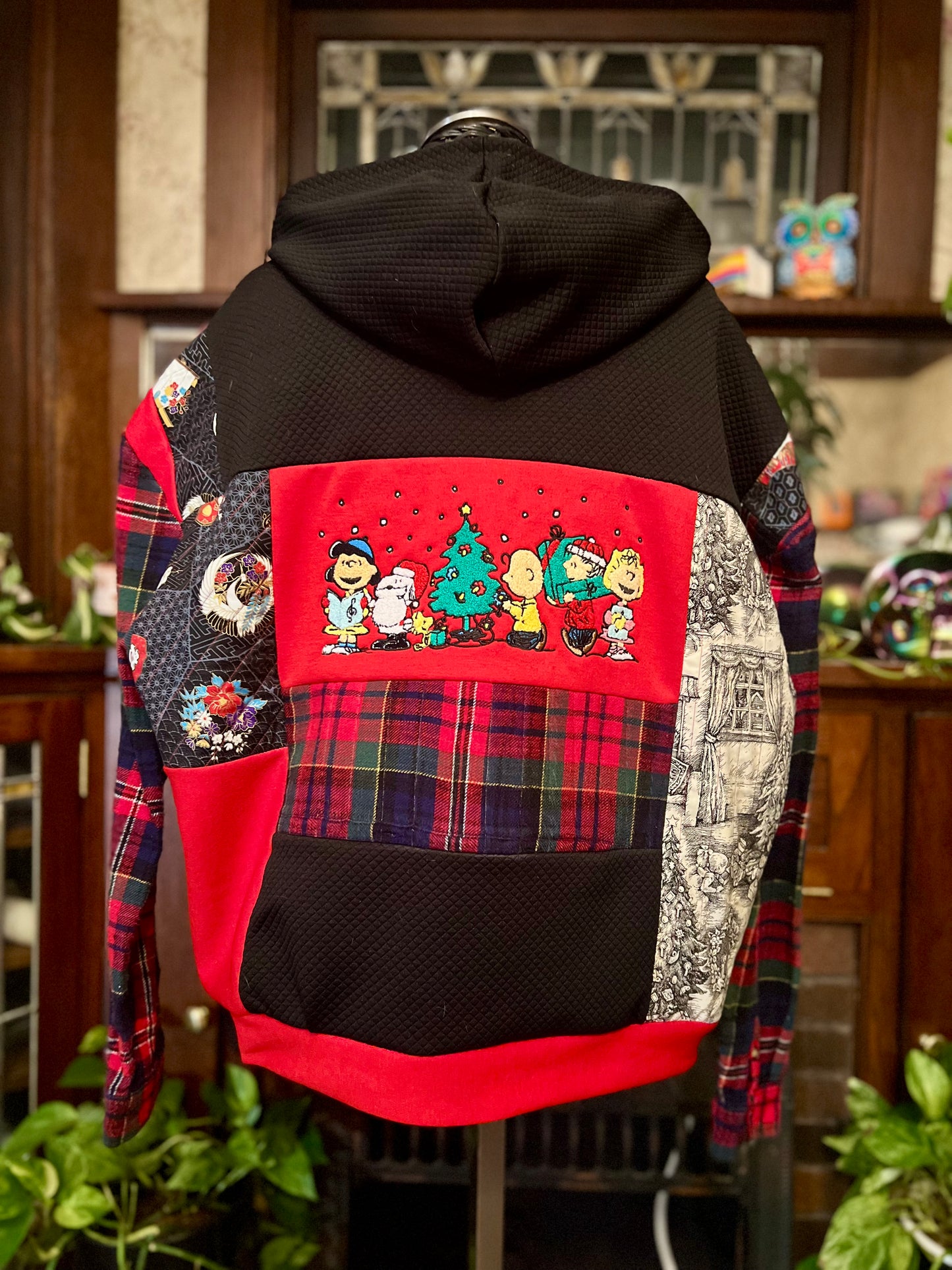 Unique Holiday Hooded Upcycled Sweatshirt Pocket Boho Streetwear Hoodie Patchwork Sweatshirt Upcycled, Thrifted Clothing for Women- Rachel