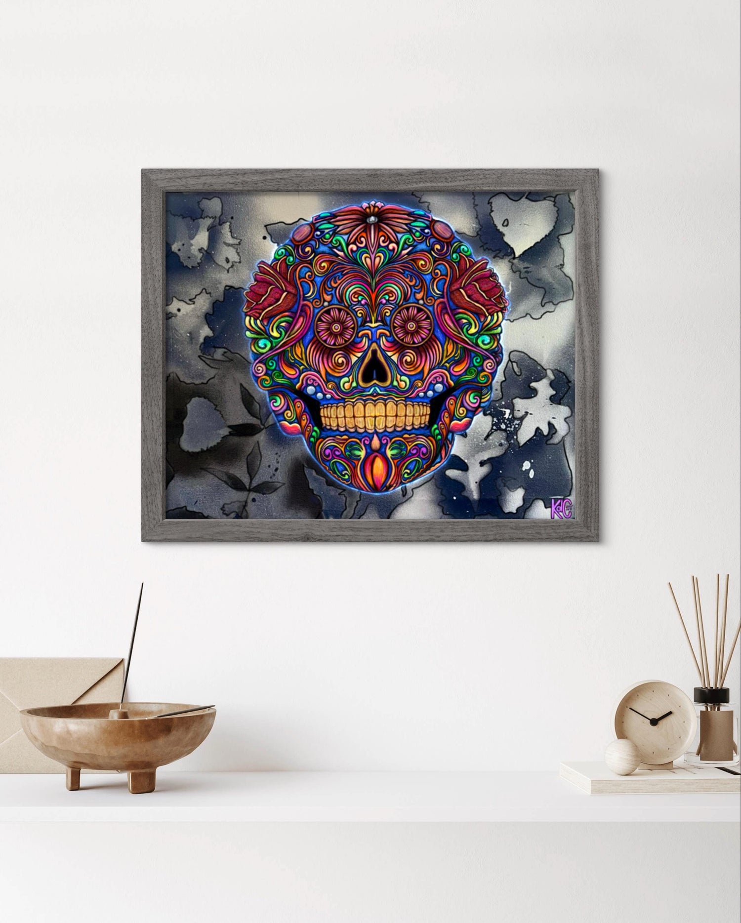 Original Art Realistic Sugar Skull Digital Drawing Skull art downloadable gothic art boho skull art print, printable home decor Floral skull