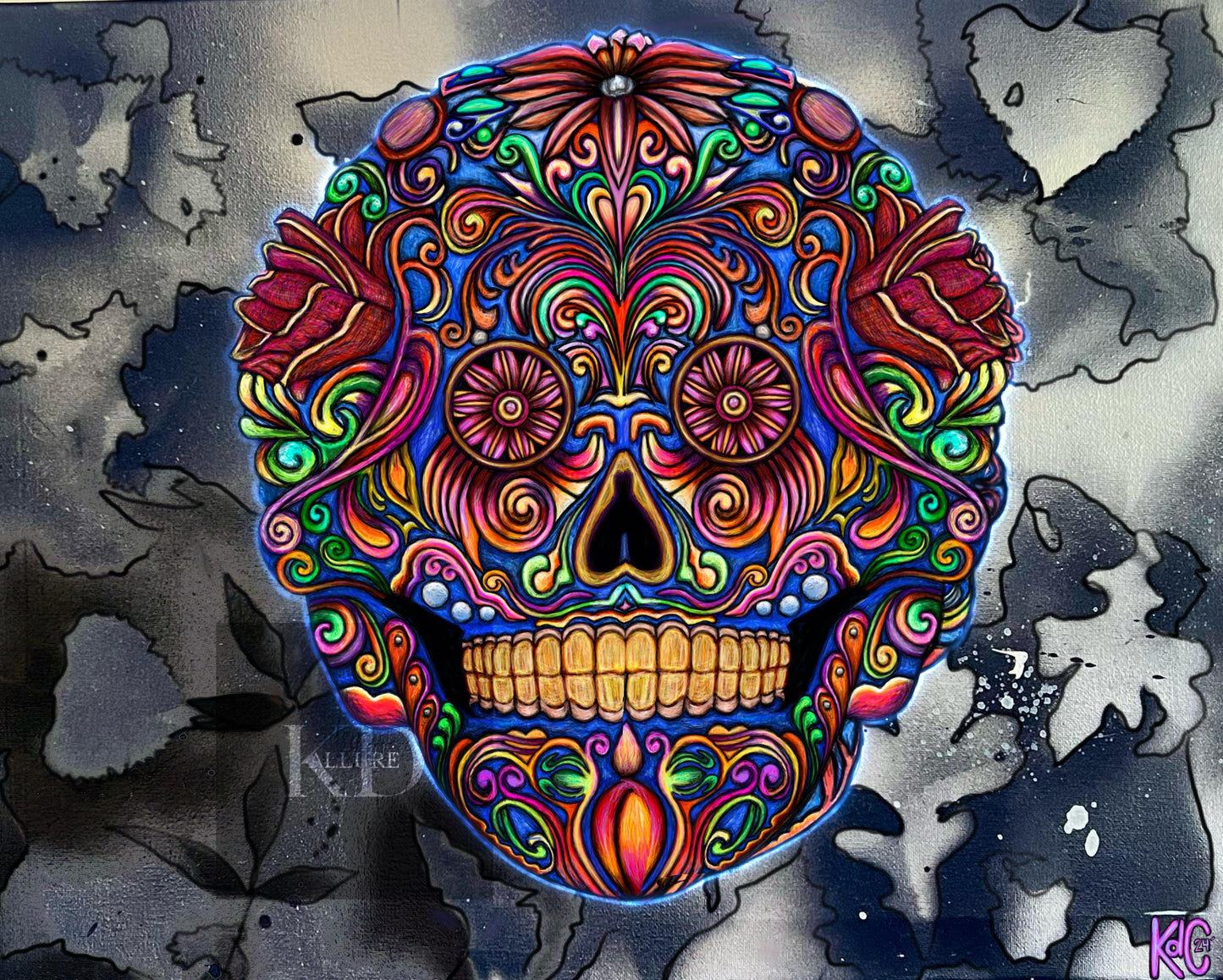 Original Art Realistic Sugar Skull Digital Drawing Skull art downloadable gothic art boho skull art print, printable home decor Floral skull