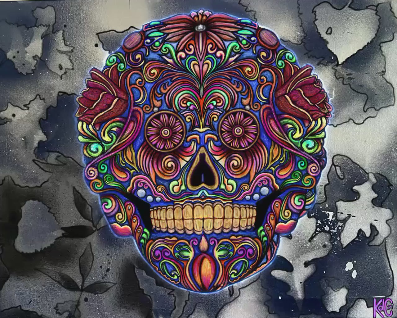 Original Art Realistic Sugar Skull Digital Drawing Skull art downloadable gothic art boho skull art print, printable home decor Floral skull
